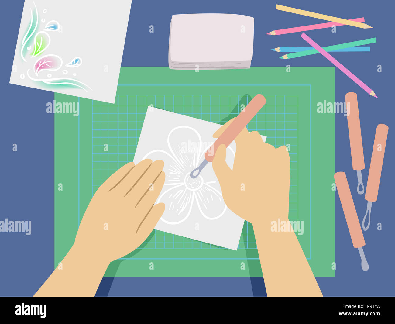 Illustration of Hands Decorating Parchment Paper Using Embossing Tools