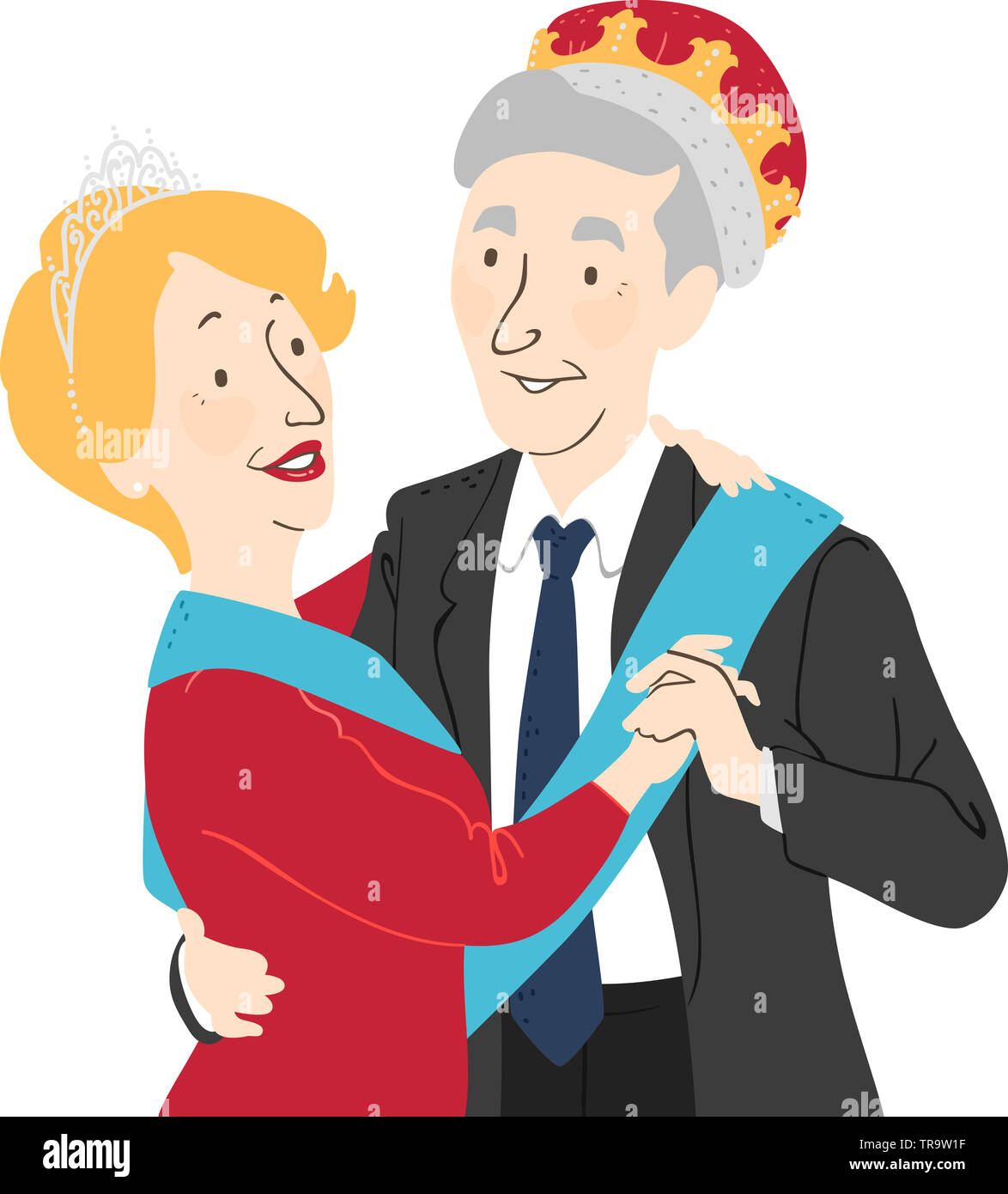 Illustration of a Senior Man and Woman Couple Wearing King and Queen Crown and Dancing Stock Photo