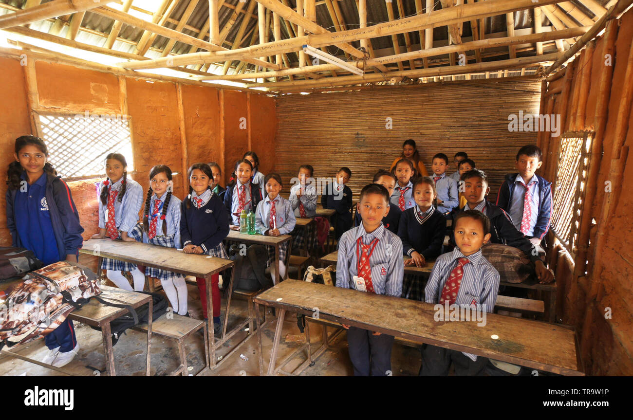 Interior of classroom at Samata Bamboo School, Bhaktapur, Kathmandu Valley, Nepal Stock Photo