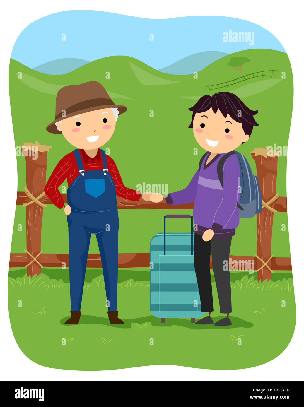 Illustration of a Senior Man Farmer Greeting a Volunteer Young Man to Help in his Farm Stock Photo