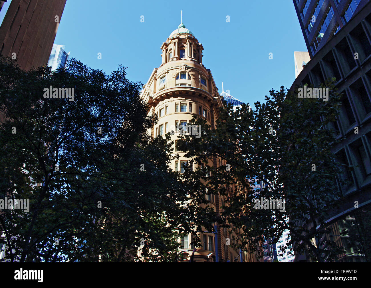 O'Connell St Canyon - Sydney city at beautiful old stone building now used as Radisson Blu Plaza Hotel Stock Photo