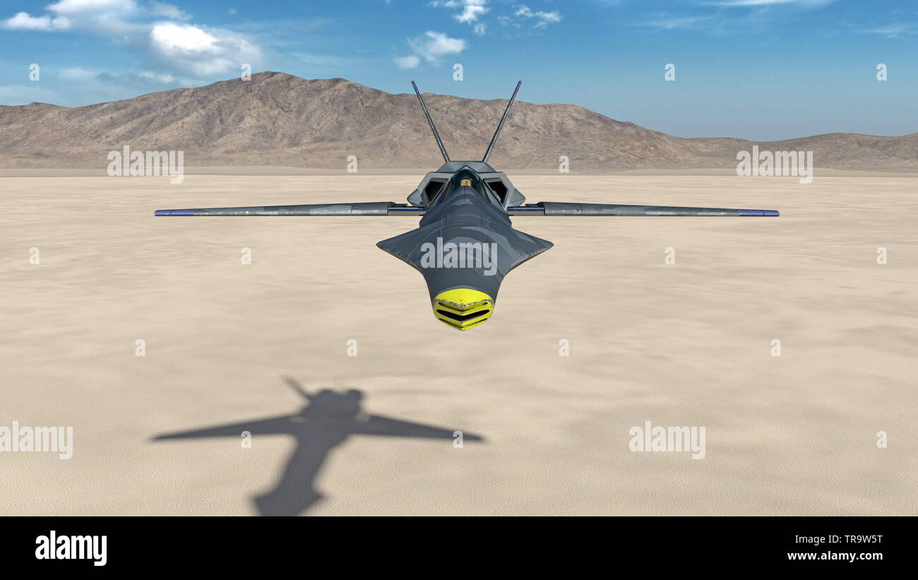 Fighter Jet, futuristic military airplane flying over a desert with mountains in the background, front view, 3D rendering Stock Photo