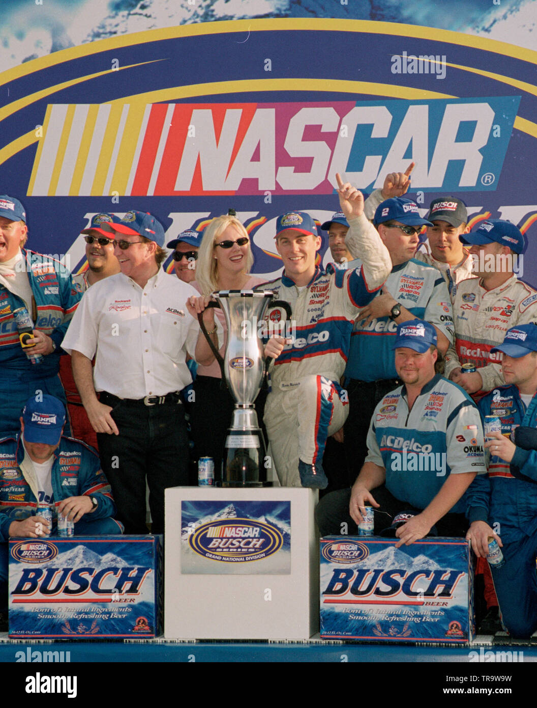 NASCAR driver Kevin Harvick celebrates winning the BUSCH Series Championship at Homestead Miami Speedway on November 10, 2001. Stock Photo