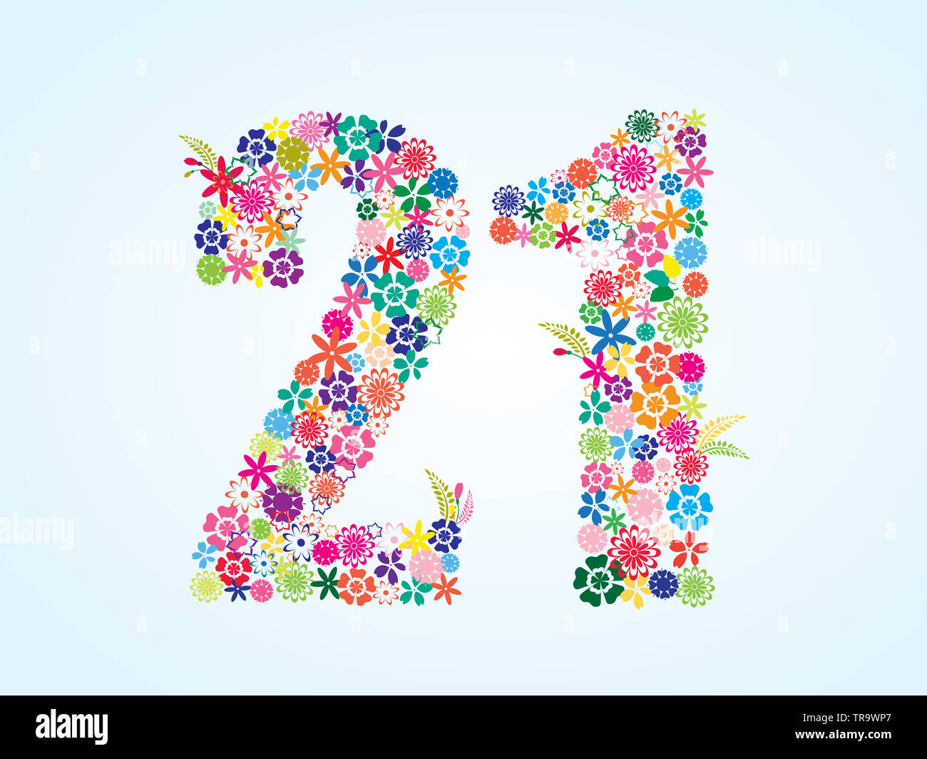 Vector Colorful Floral 21 Number Design isolated on white background. Floral Number Twenty One Vector Typeface. Stock Photo