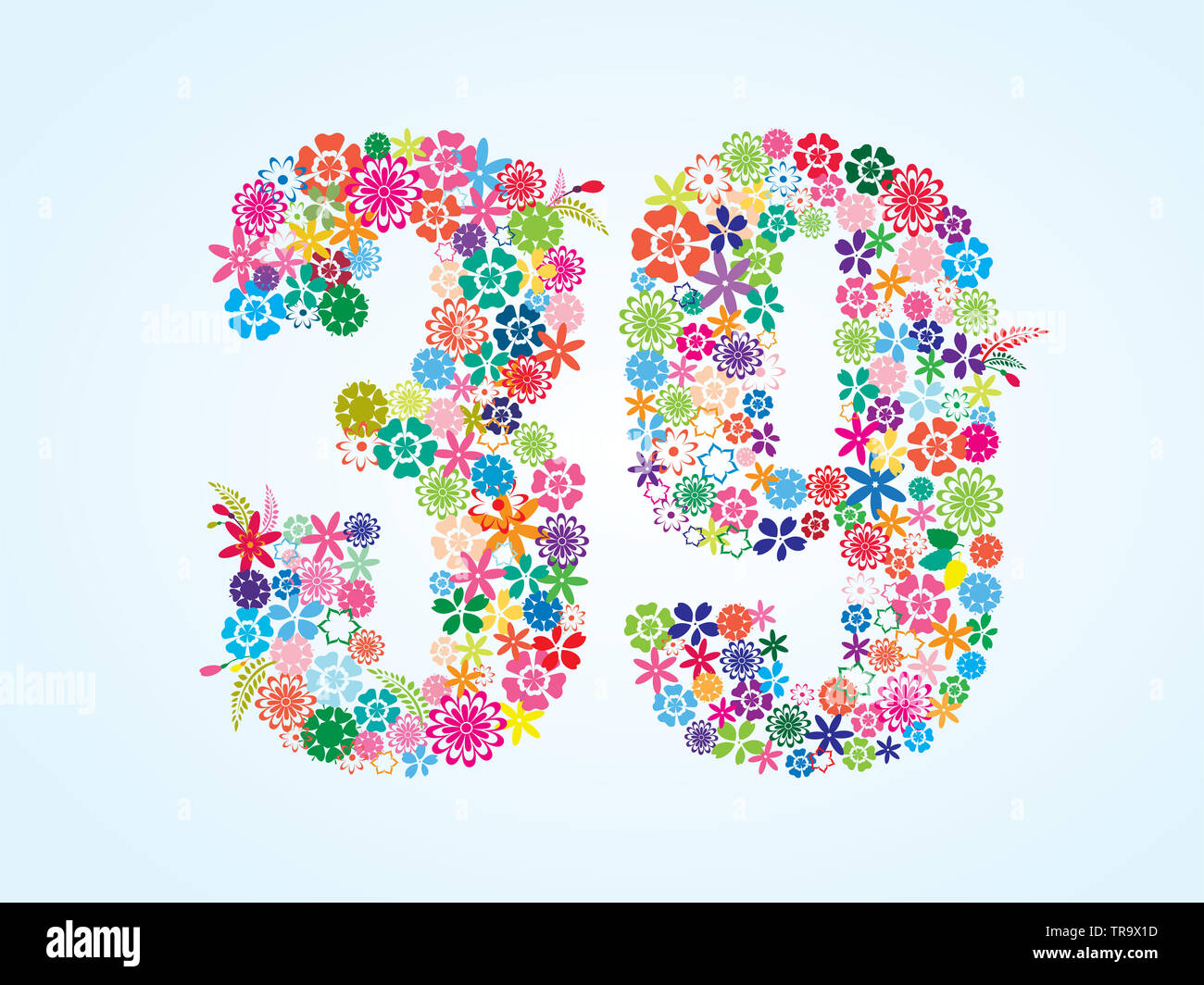 Vector Colorful Floral 39 Number Design isolated on white background. Floral Number Thirty Nine Vector Typeface. Stock Photo