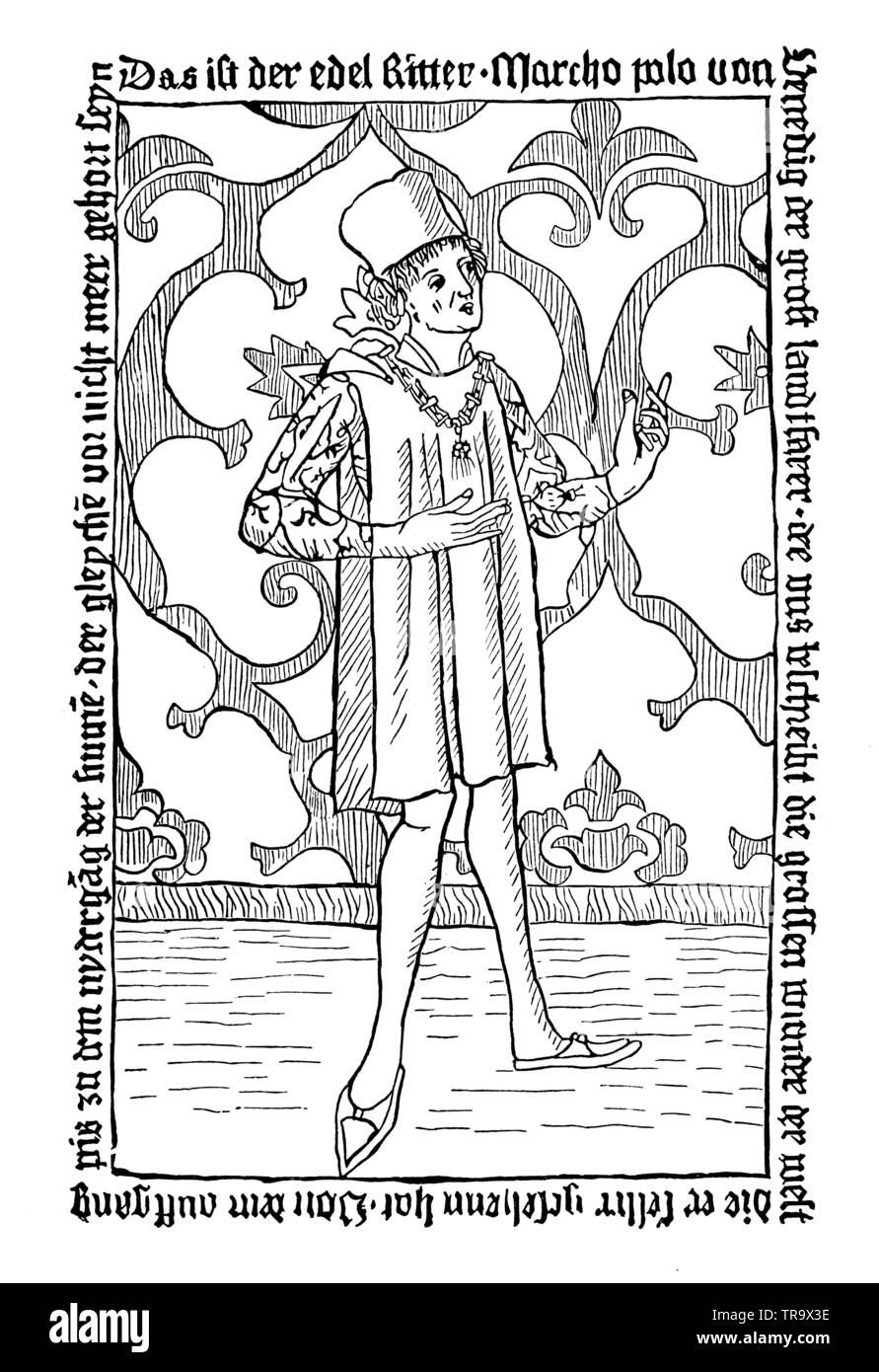 Marco Polo (1254-1324), Venetian merchant, who became known through reports of his trip to China, depicted on a medieval woodcut, ,  (popular science book, 1902) Stock Photo