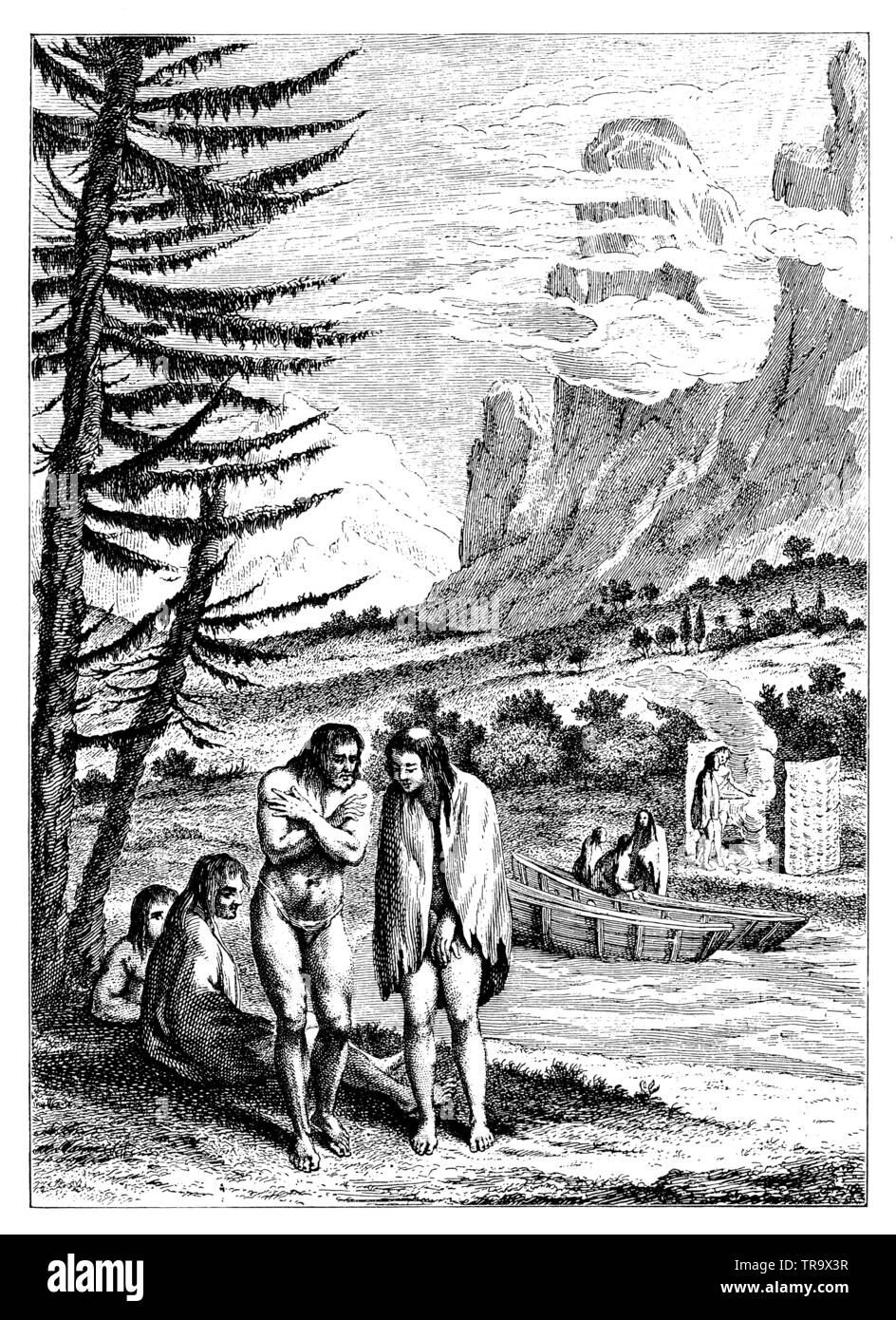 Natives of the Magelães Strait, called Patagonians, with their huts and boats. After: General History of Travels, Leipzig 1754, ,  (popular science book, 1902) Stock Photo