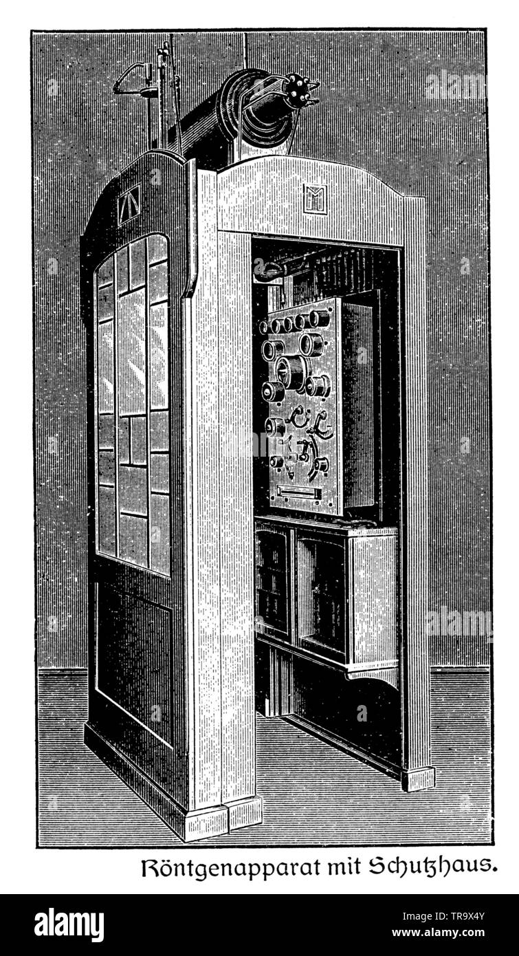 X-ray apparatus with shelter. From a popular health guidebook from 1911, ,  (Health book, 1911) Stock Photo