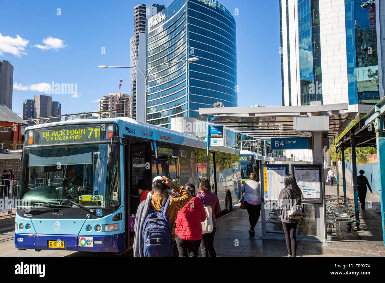 Sydney bus at Parramatta bus station with passengers alighting, Sydney,Australia Stock Photo