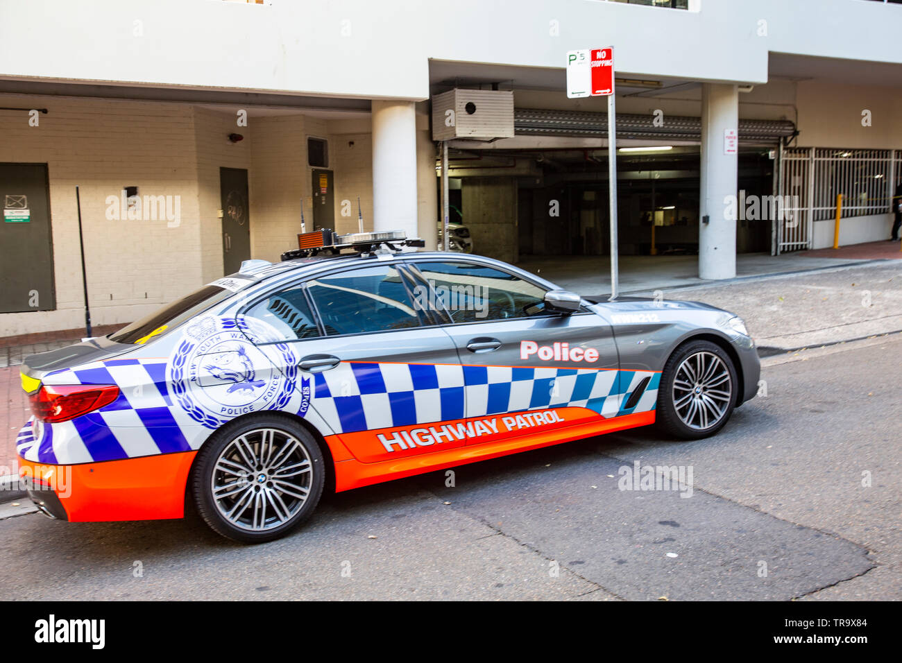 Sydney police BMW highway patrol car parked in Parramatta,Western Sydney,Australia Stock Photo