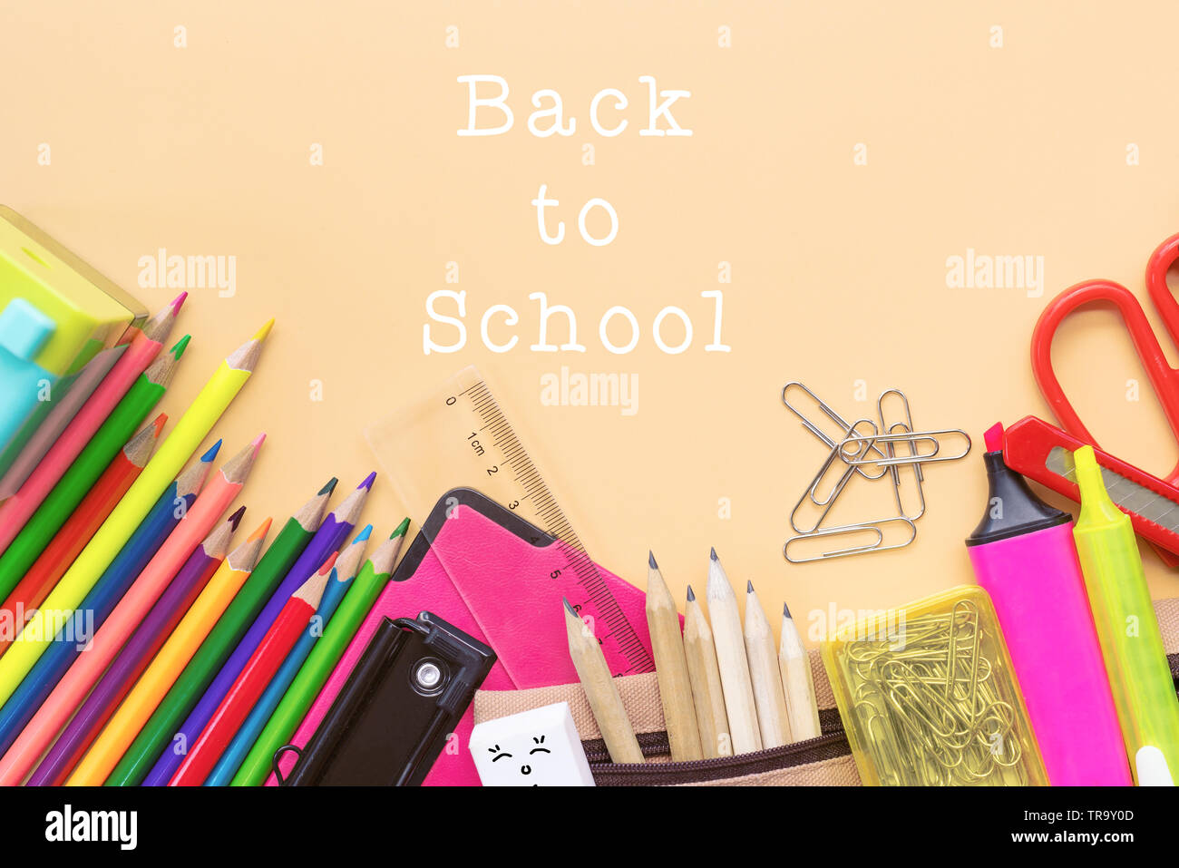 Welcome Back To School Background Colorful Color Pencil And Stationery Bag On Yellow Backgrounds With Copy Space Stock Photo Alamy