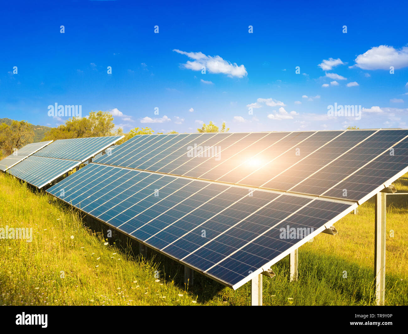 photovoltaic solar electricity park sun beams renewable energy Stock