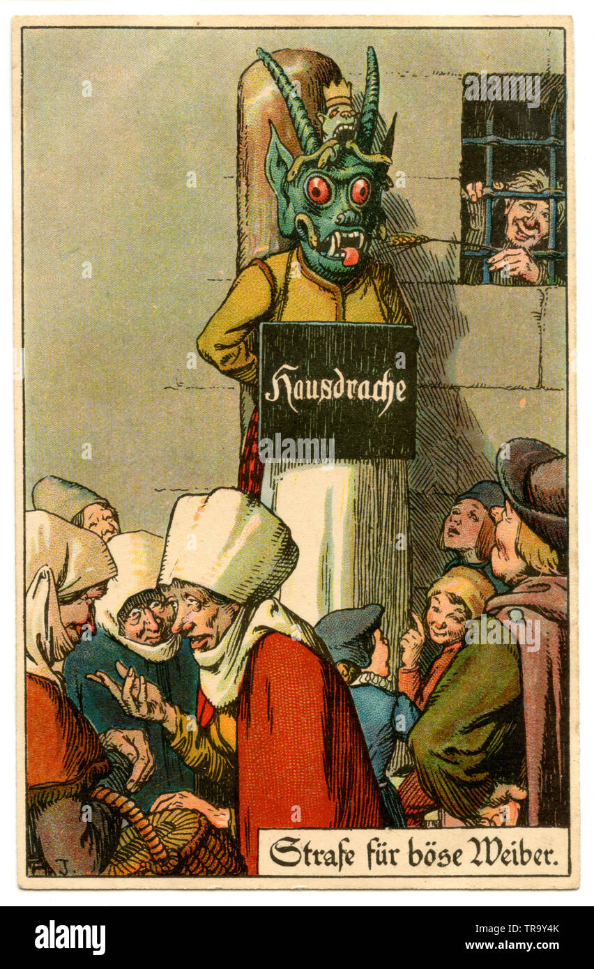 Punishment for evil women at the pillory: 'house dragon' , Ad. J. (postcard, ca. 1920) Stock Photo