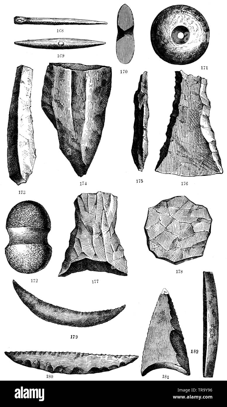 Devices and tools made of stone and bone found in Denmark. 168, 169) Fishing hook from leg. 170-172) Stones to weigh down the nets. 173) Flint knife. 174) Stone core with knife blades blasted off. 175, 176) Stone axes, seen from the side and from the front. 177) Scraper stone. 178) Flint nodules where the work is not completed. 179, 180) Saws from flintstone. 181) Flint arrowhead. 182) Stone chisel, ,  (anthropology book, 1874) Stock Photo
