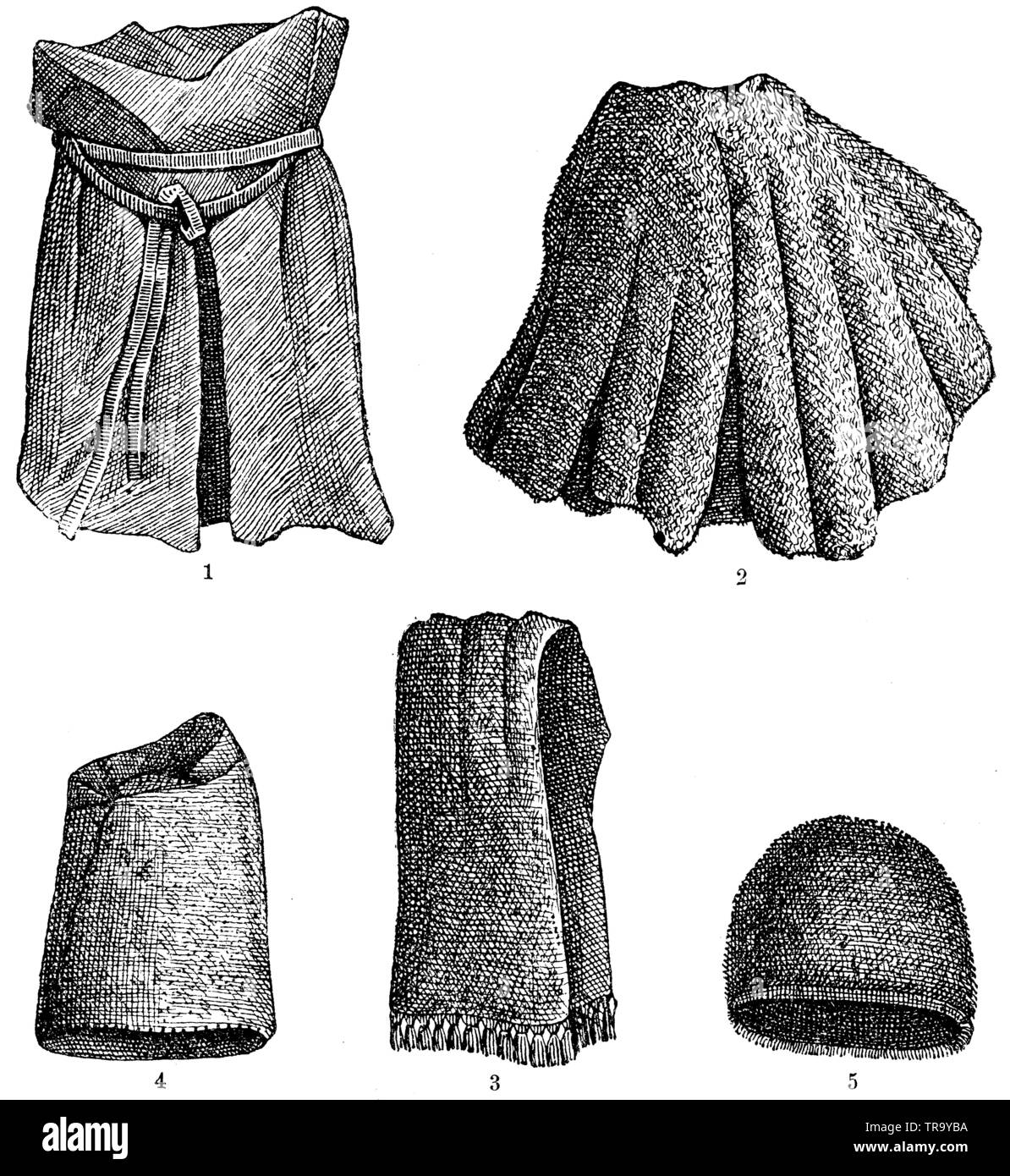 Woolen garments from the Bronze Age, found in a Danish tomb. 1) Wollen skirt, 2) Wollen coat, 3) Wollen plaid, 4, 5) Wollen hats, ,  (anthropology book, 1874) Stock Photo