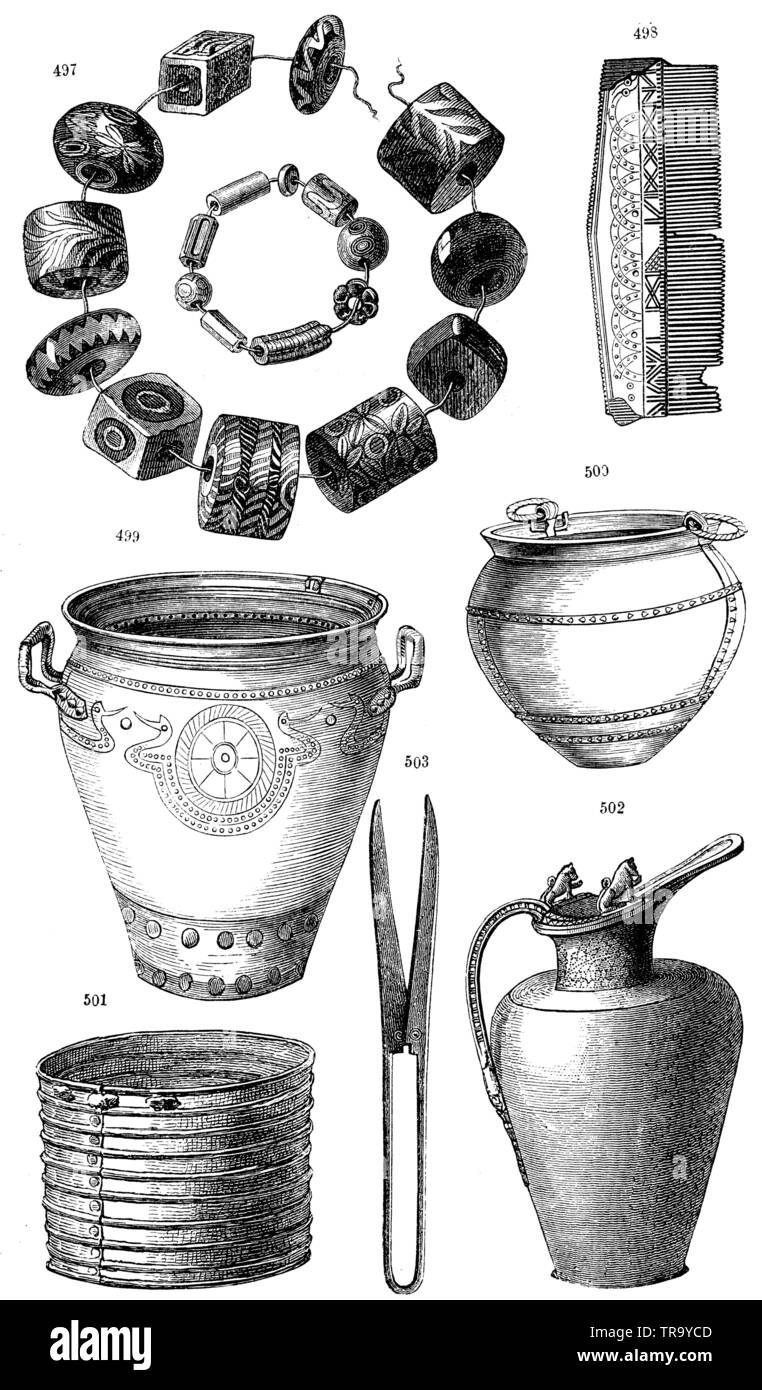 Ore vessels and ornaments. (Roman-Germanic Museum in Mainz). 497) Beads of coloured glass and glass paste, 498) Comb, 499-502) Old Italian ore vessels found in Central and Northern Germany., ,  (anthropology book, 1874) Stock Photo