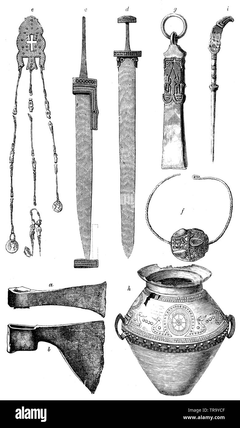 Grave finds from the older Iron Age (Roman-Germanic Museum in Mainz). A, b) Frankish throwing axe, c, d) Swords from the time of Chilperich, e) Belt jewellery, f) Ear jewellery, g) Pliers, h) Bronze vessel, i) Needle, ,  (anthropology book, 1874) Stock Photo