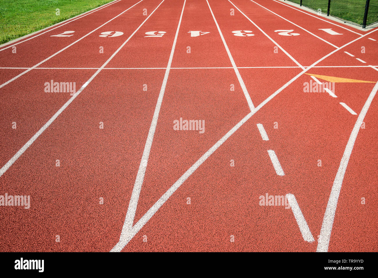 Red running track, track and field or athletics track start line with