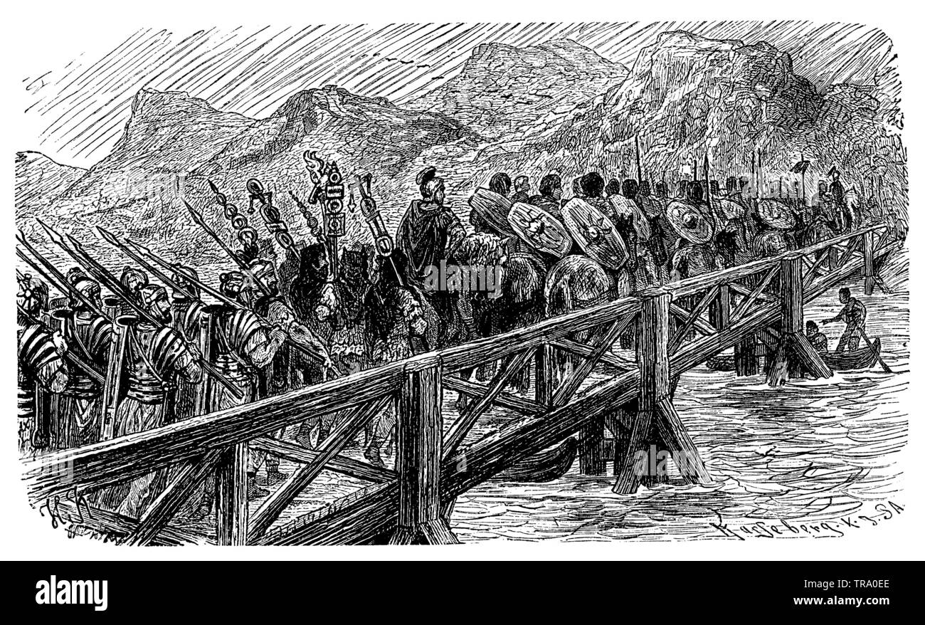 Reconstruction of a Roman Rhine crossing under Caesar, , H.K. U. Hageberg XA (history book, 1899) Stock Photo