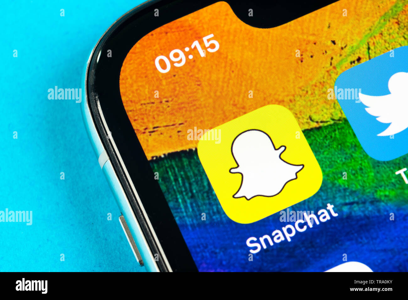 Helsinki, Finland, May 4, 2019: Snapchat application icon on Apple iPhone X smartphone screen close-up. Snapchat app icon. Social media icon. Social n Stock Photo