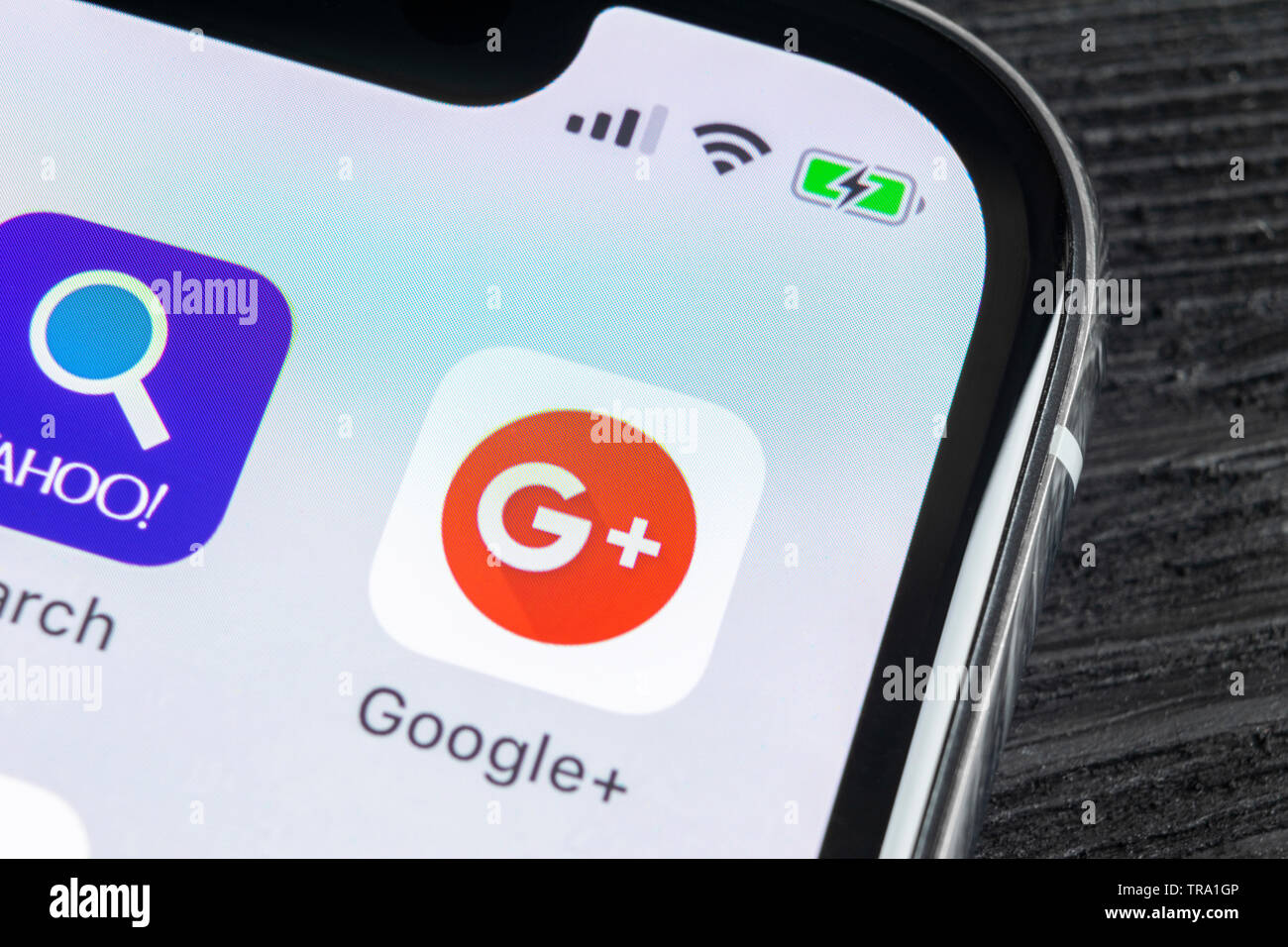 Sankt-Petersburg, Russia, April 27, 2018: Google plus application icon on Apple iPhone X smartphone screen close-up. Google plus app icon. Google+. So Stock Photo