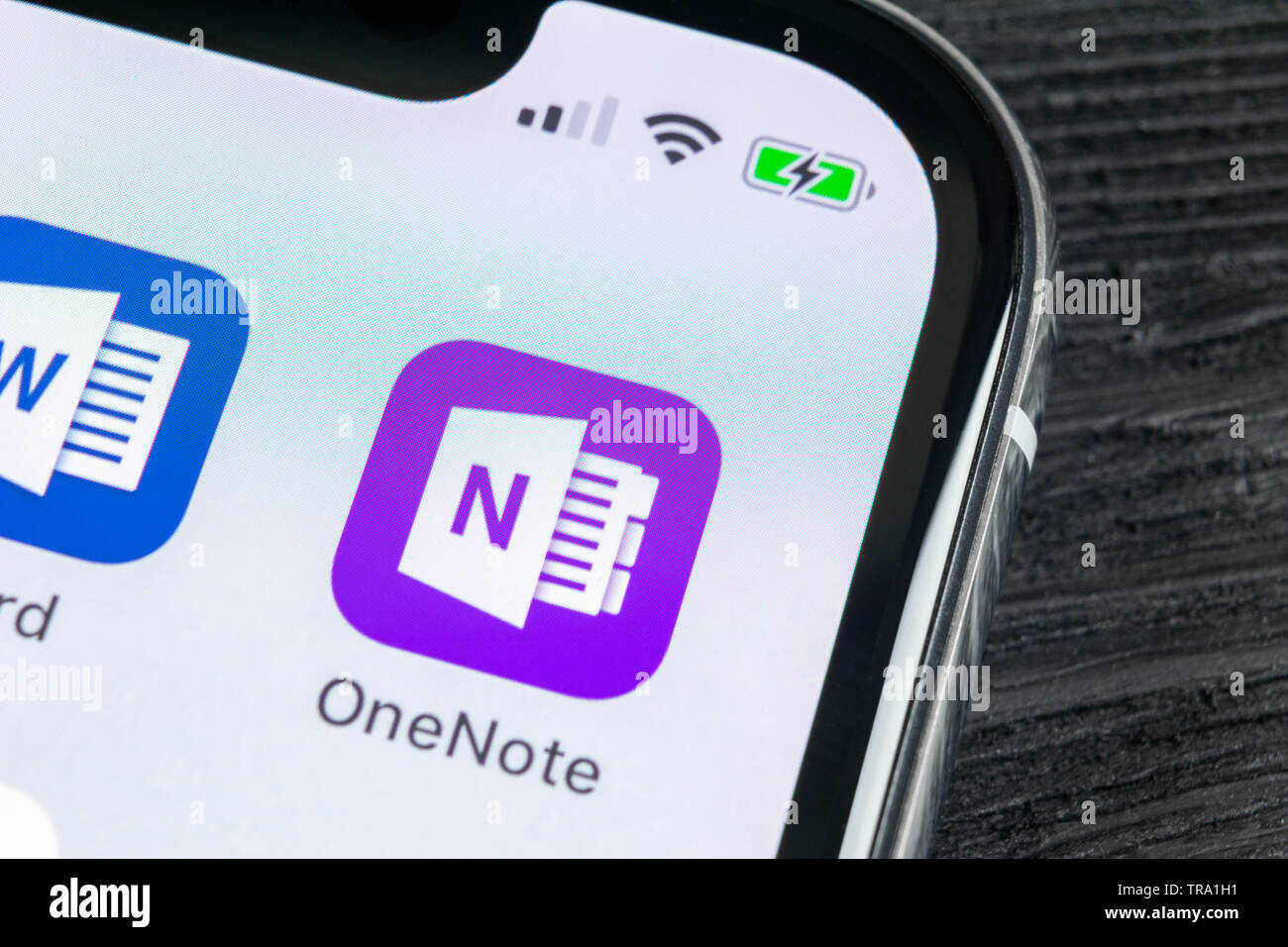 Sankt-Petersburg, Russia, April 27, 2018: Microsoft OneNote office application icon on Apple iPhone X screen close-up. Microsoft One Note app icon. Mi Stock Photo