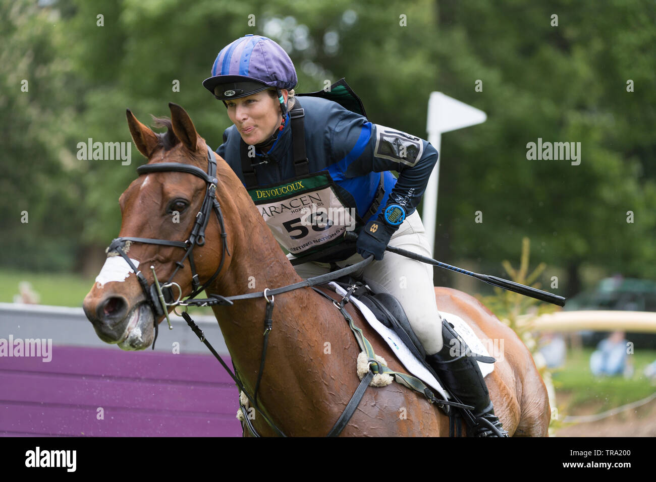 Saracens Horse Feeds Houghton International Horse Trials, Norfolk, England , 26th May 2019,  Zara Tindall and her horse Watkins going through the Suzu Stock Photo