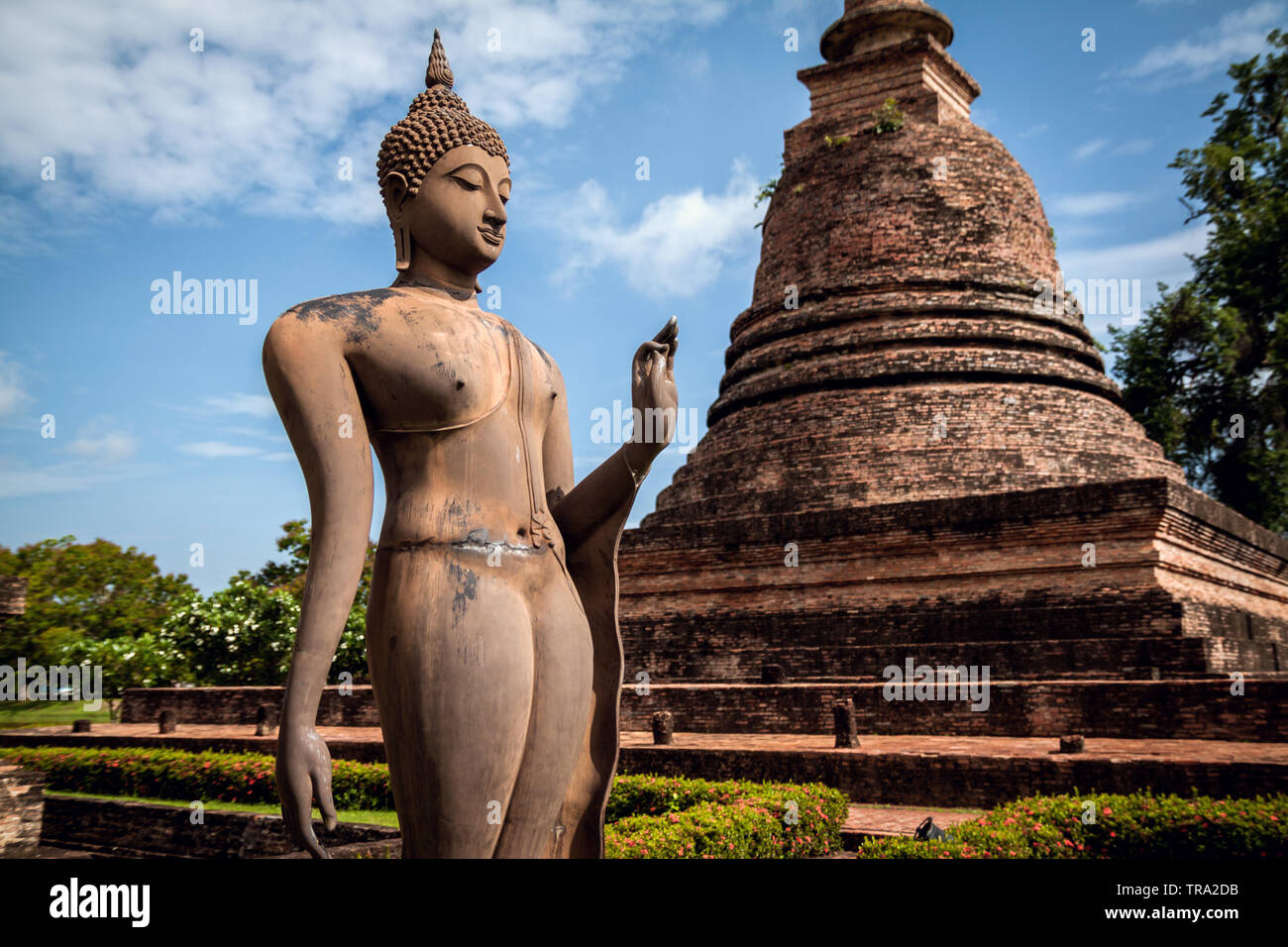 Buddhist Avatar statue with Mudra pose surrounded by flowers and an Ancient Buddhist Pagoda at the Sukhothai Historical Park in Thailand. Thai Buddhas Stock Photo