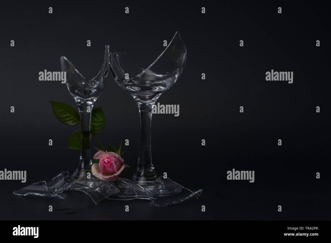 Two Broken Champagne Glasses with a pink rose and shattered glass Stock Photo Alamy