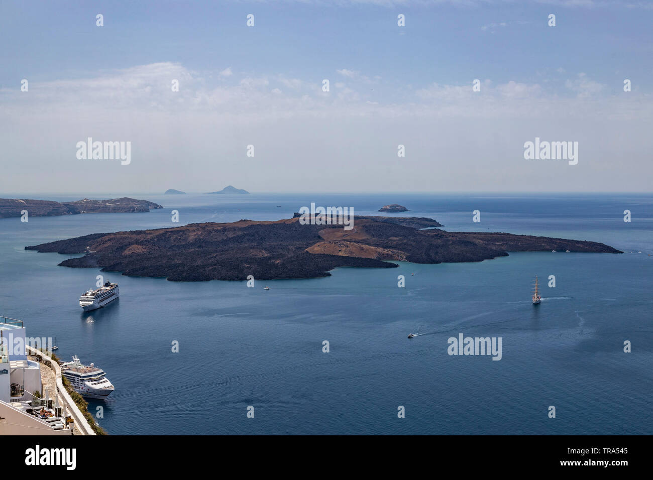 The volcano from  Fira town Santorini Greece Stock Photo