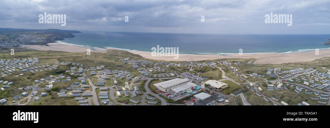 Aerial Wide shot of Haven Holiday Camp, Perran Sands, with Perranport Beach prominent Stock Photo