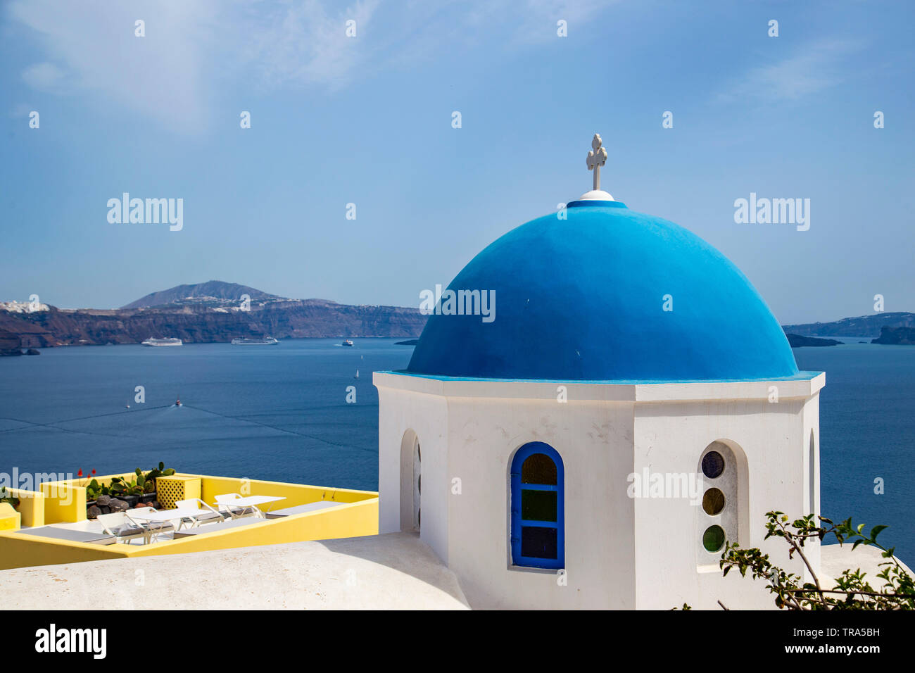 Blue dome church at Santorini - Stock Image