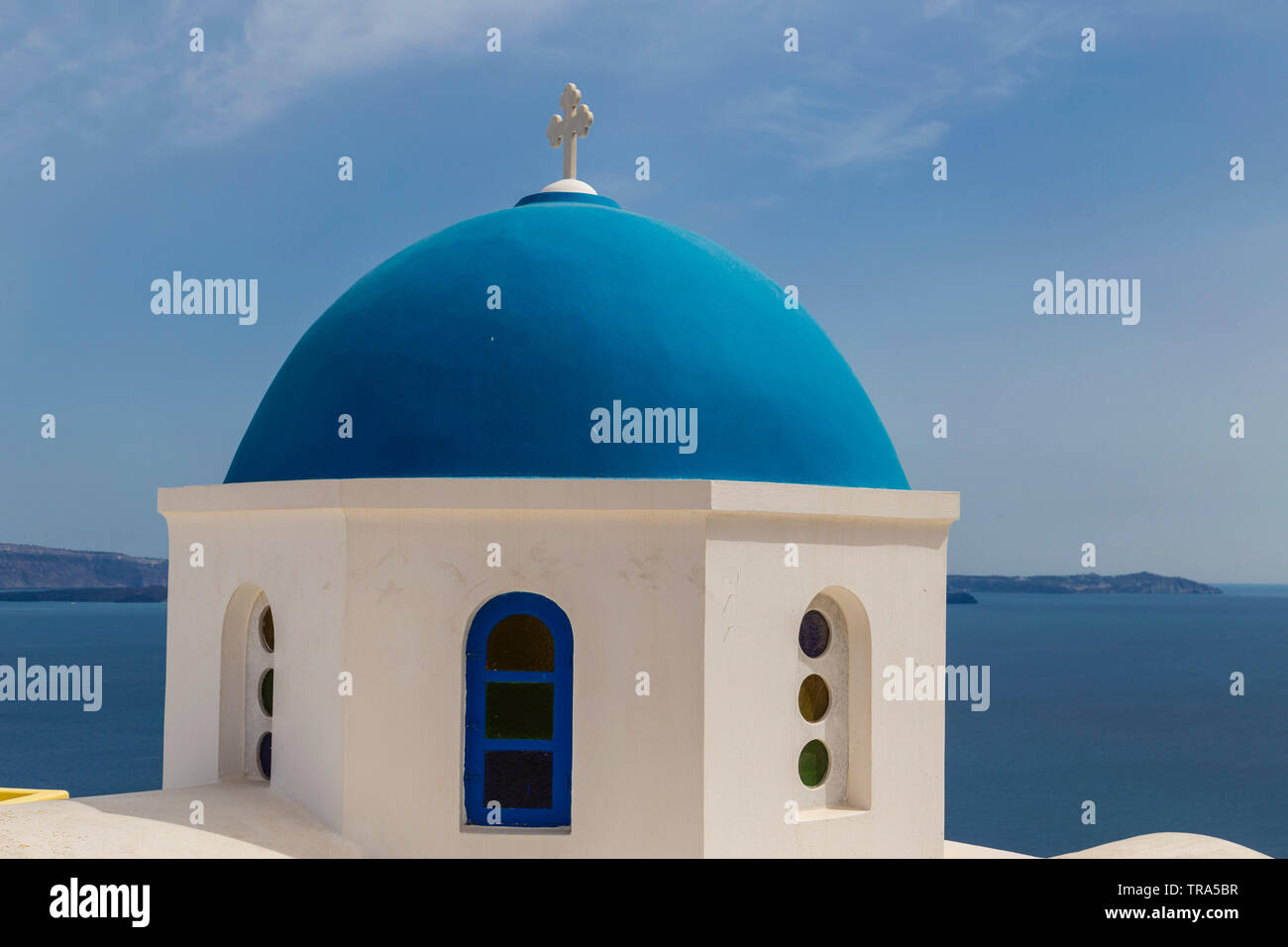 Blue dome church at Santorini - Stock Image
