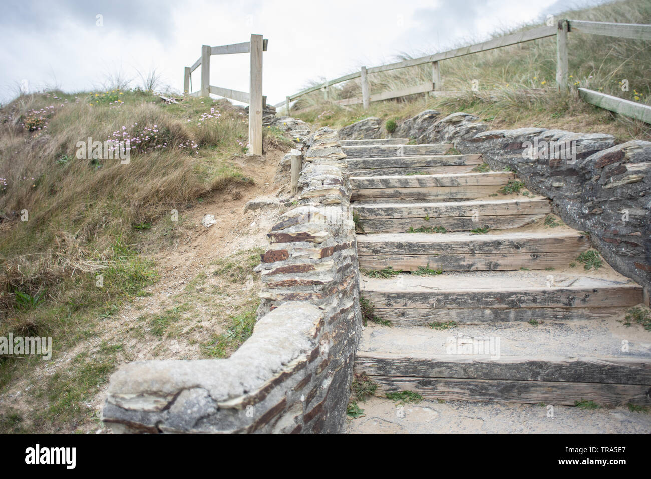 steps up from Perranporth beach, cornwall Stock Photo