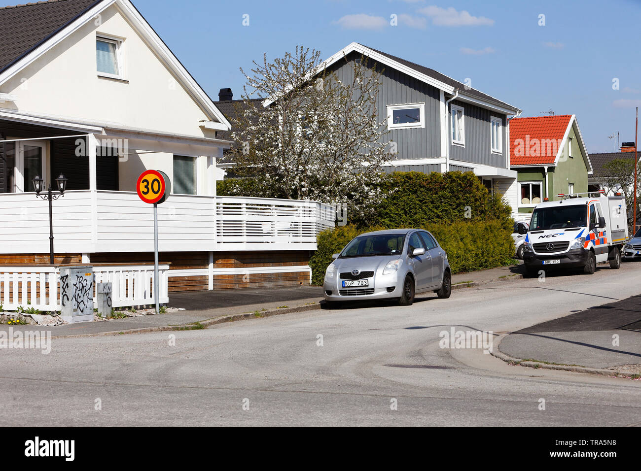 Orebro, Sweden - April 26, 2019: View of a residential area populated with single family houses. Stock Photo