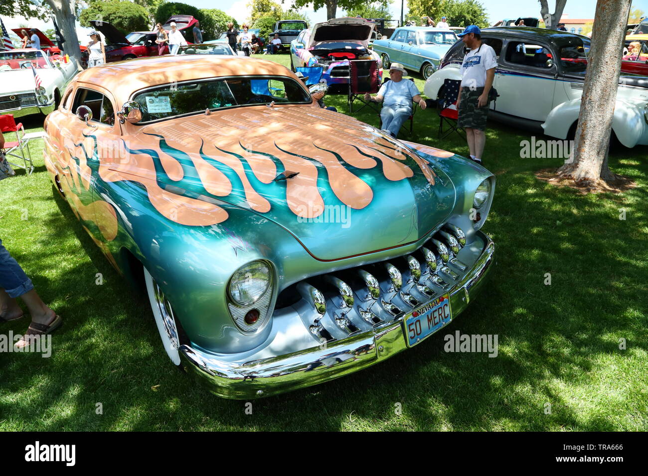 A green Mercury 2 Door hot rod at a memorial day event at Boulder City, Nevada, USA Stock Photo