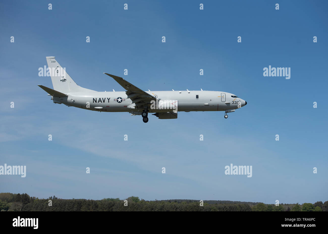 Posidon P8A aircraft on approach to RAF Lossiemouth airfield on the Moray cosast in North East Scotland. Stock Photo