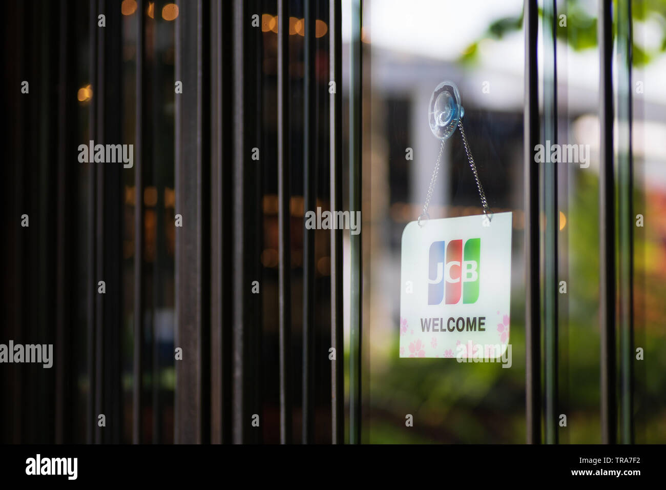 Bangkok, Thailand - May 26, 2019: JCB credit cards and welcome sign hangs in front of a shopping store in in Bangkok, Thailand. JCB is a credit card c Stock Photo
