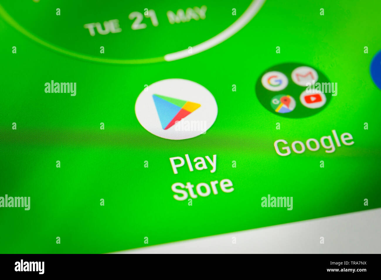 Play store logo icon on mobile phone screen Stock Photo