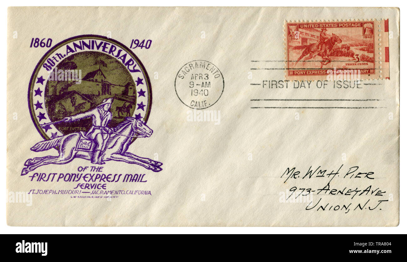 Sacramento, California, The USA  - 3 April 1940: US historical envelope: cover with cachet 80th Anniversary of the fist Pony Express service Stock Photo