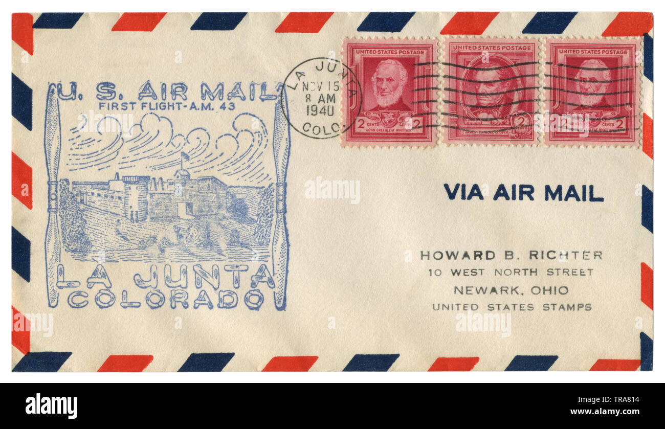 La Junta, Colorado, The USA  - 15 November 1940: US historical envelope: cover with cachet Air Mail First flight, red postage stamps, James Fenimore C Stock Photo