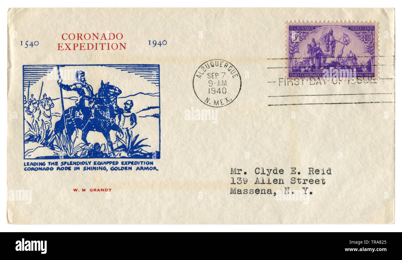 Albuquerque, New Mexico, The USA  - 7 September 1940: US historical envelope: cover with cachet Coronado expedition 1540, postage stamp, postmark Stock Photo