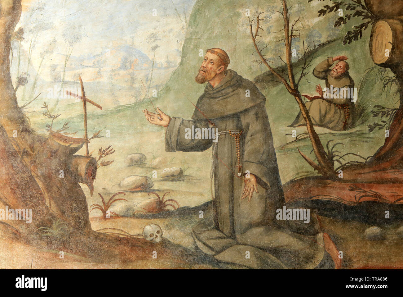 Saint Francis of Assisi (1181/82-1226) recives the Stigmata while he was praying on the mountain of Verna. Sanctuary Madonna del Sasso. Orselina. Stock Photo