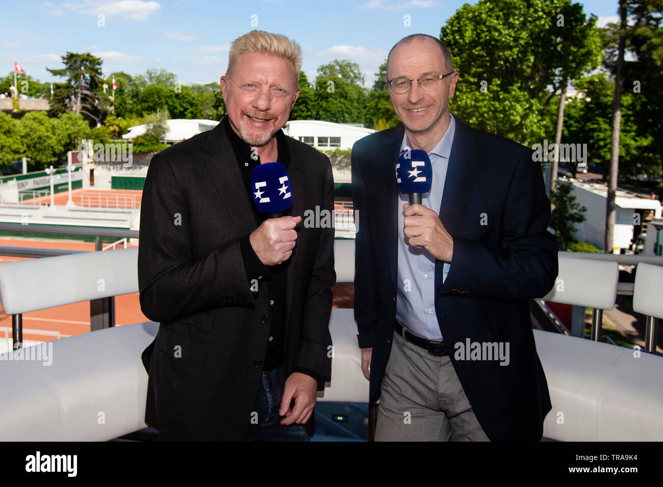 Paris, France. 1st June, 2019. Boris Becker (l) and Eurosport presenter  Matthias Stach stand in a TV-Studio at the 2019 French Open Grand Slam  tennis tournament in Roland Garros, Paris, France. Frank