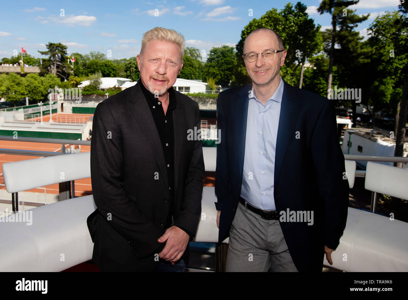 Paris, France. 1st June, 2019. Boris Becker (l) and Eurosport presenter  Matthias Stach stand in a TV-Studio at the 2019 French Open Grand Slam  tennis tournament in Roland Garros, Paris, France. Frank