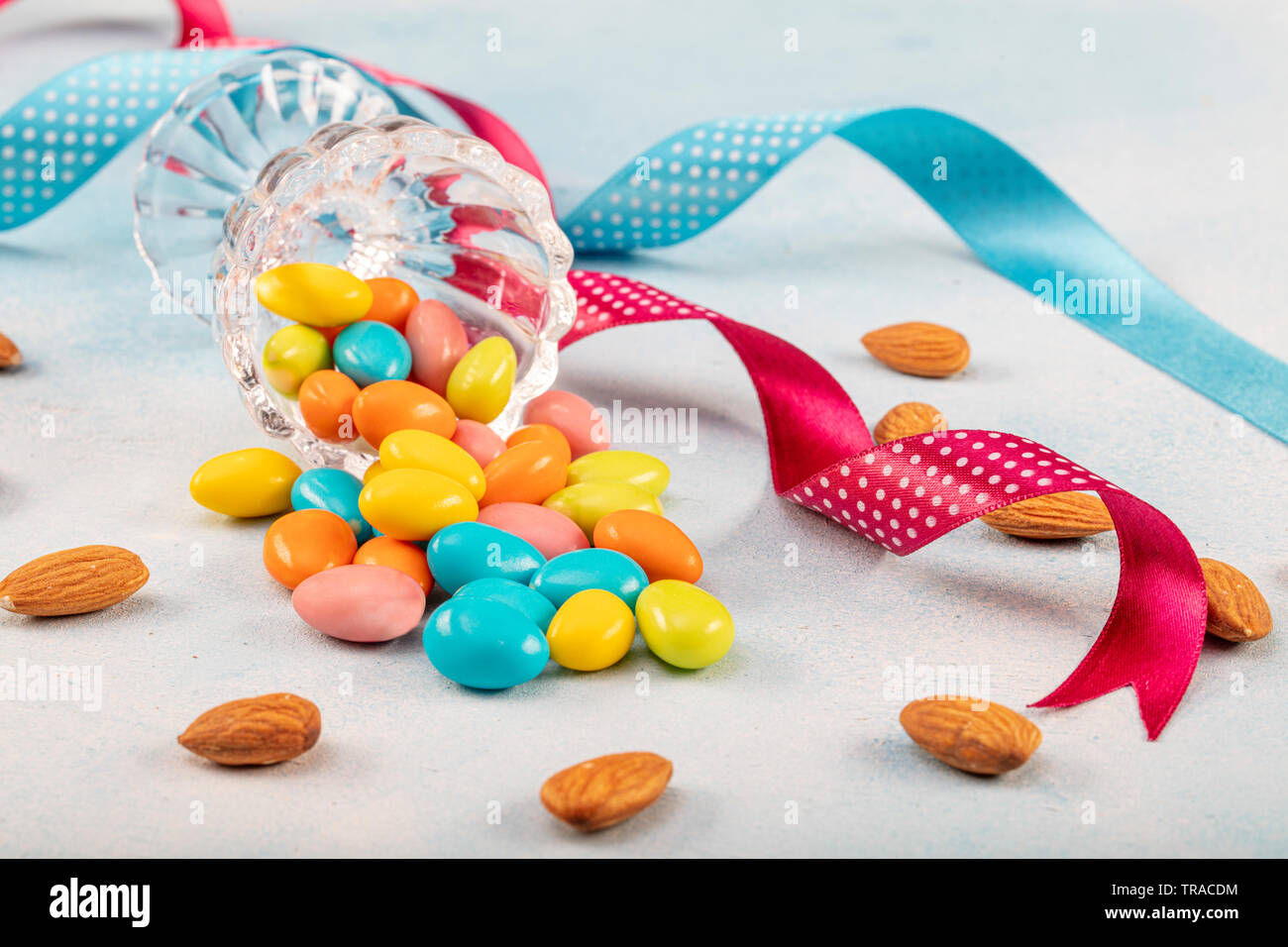 Almond candy; Sugared Almonds on white background. Stock Photo