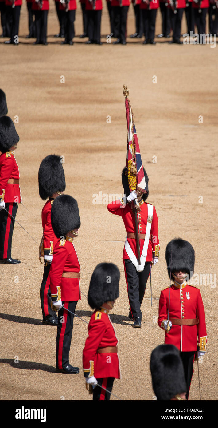 Horse Guards Parade, London, UK. 1st June 2019. Soldiers of the Household Division, The King’s Troop Royal Horse Artillery, along with musicians from the Massed Bands parade on Horse Guards for the final formal Review before Trooping the Colour on 8th June 2019 and are inspected by HRH The Duke of York. Credit: Malcolm Park/Alamy Live News. Stock Photo