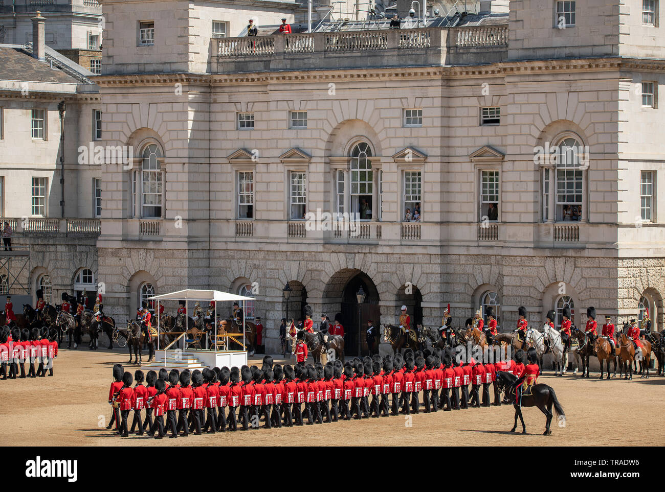 Horse Guards Parade, London, UK. 1st June 2019. Soldiers of the Grenadier Guards parade on Horse Guards for the final formal Review before Trooping the Colour on 8th June 2019 and are inspected by HRH The Duke of York. Credit: Malcolm Park/Alamy Live News. Stock Photo