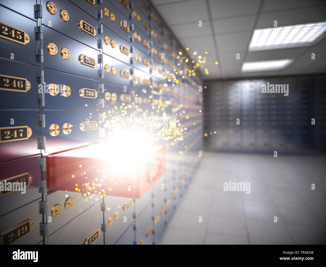 Glowing cell in safe deposit box room. Banking concept. 3d illustration Stock Photo