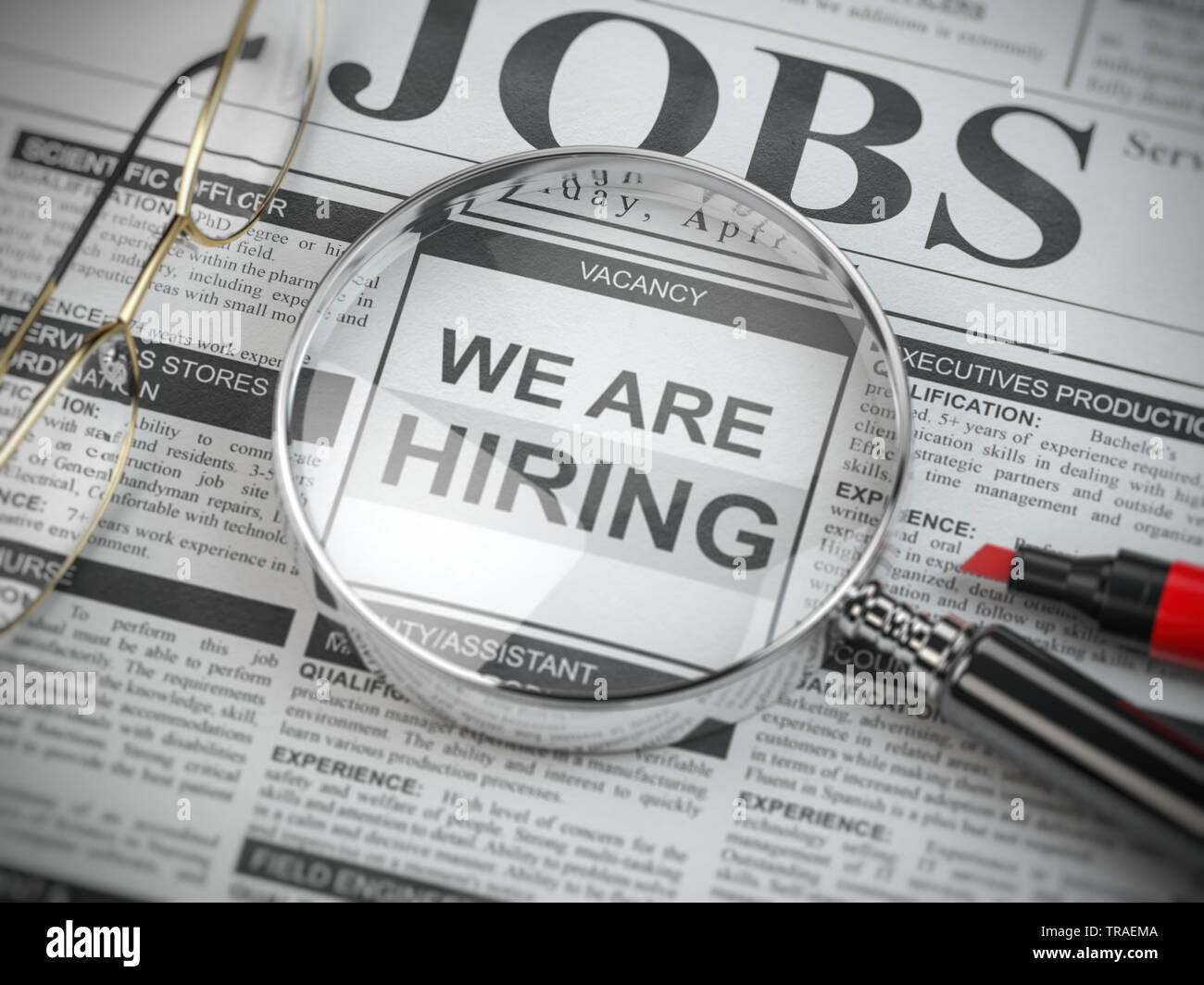 We are hiring. Job search and employment concept. Magnified glass with jobs classified ads in